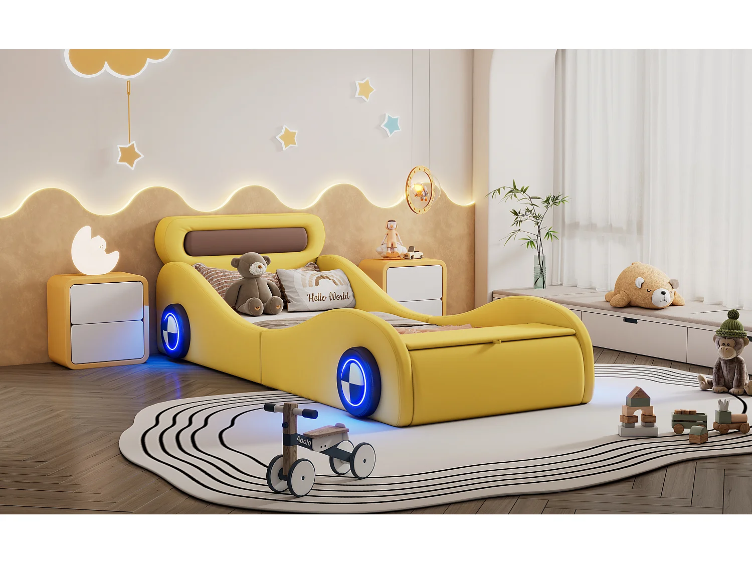 Lit voiture enfant 90x200 cm jaune en PU avec roues lumineuses et rangement intégré, sans matelas, design ludique
