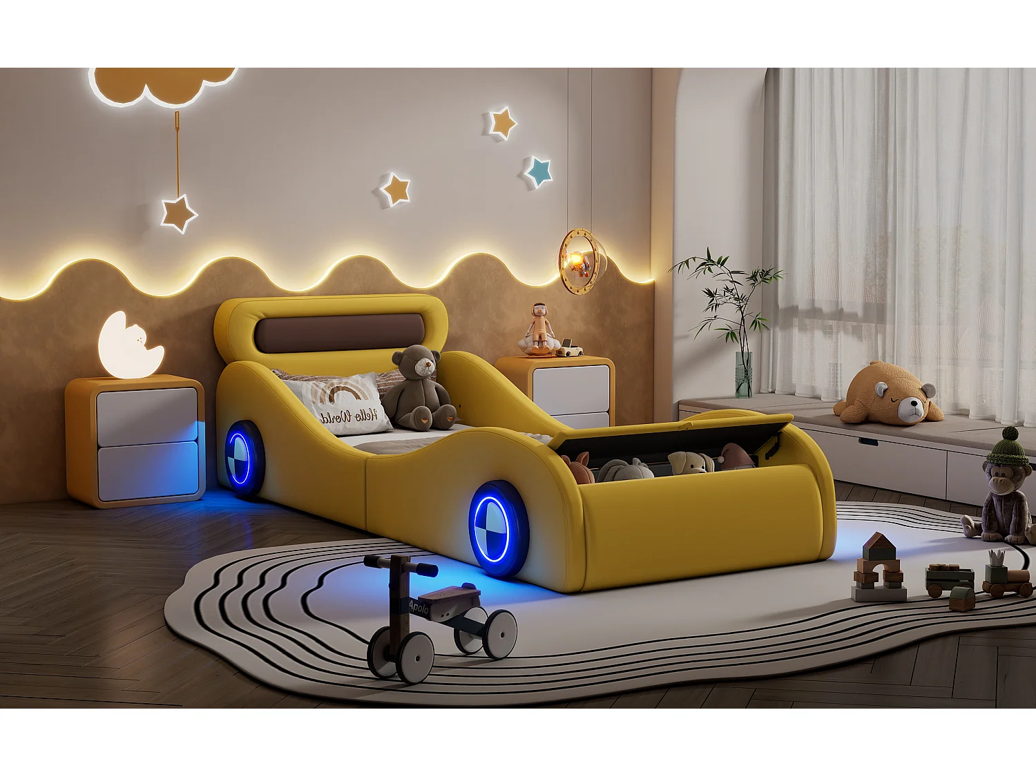 Lit voiture enfant 90x200 cm jaune en PU avec roues lumineuses et rangement intégré, sans matelas, design ludique