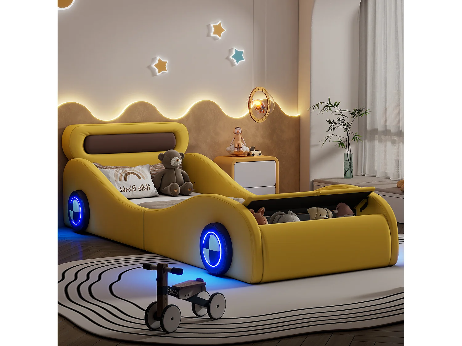 Lit voiture enfant 90x200 cm jaune en PU avec roues lumineuses et rangement intégré, sans matelas, design ludique