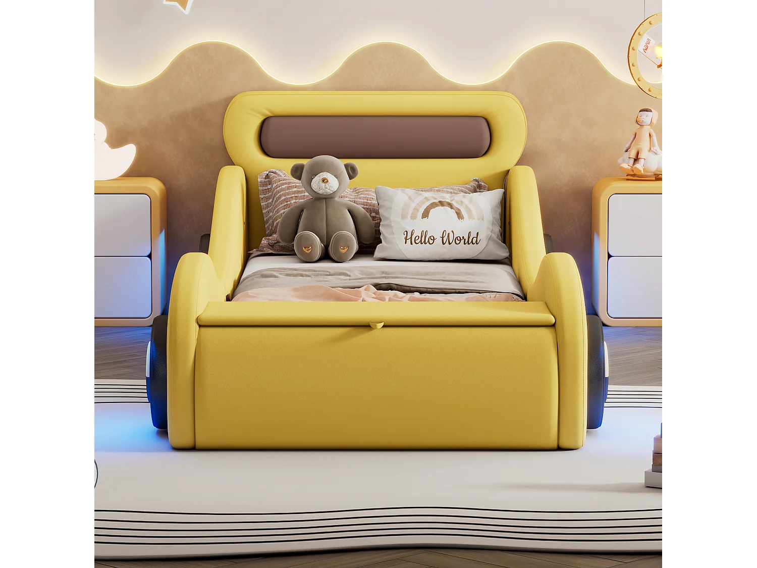 Lit voiture enfant 90x200 cm jaune en PU avec roues lumineuses et rangement intégré, sans matelas, design ludique
