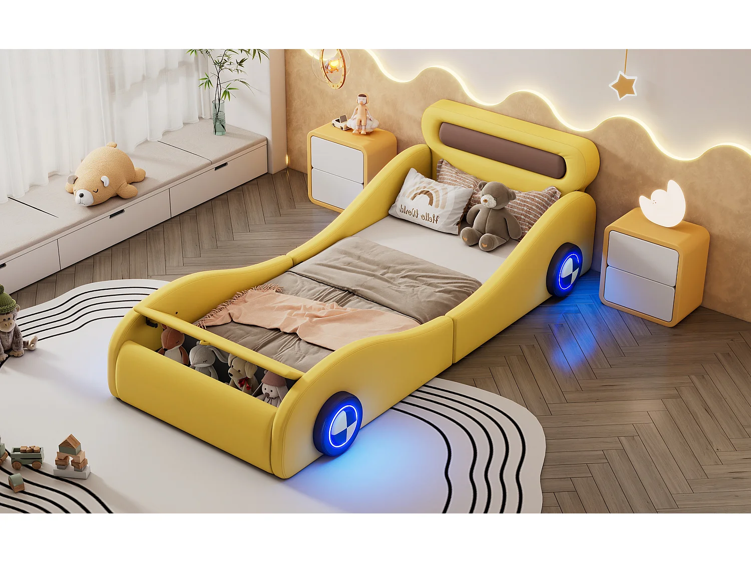 Lit voiture enfant 90x200 cm jaune en PU avec roues lumineuses et rangement intégré, sans matelas, design ludique
