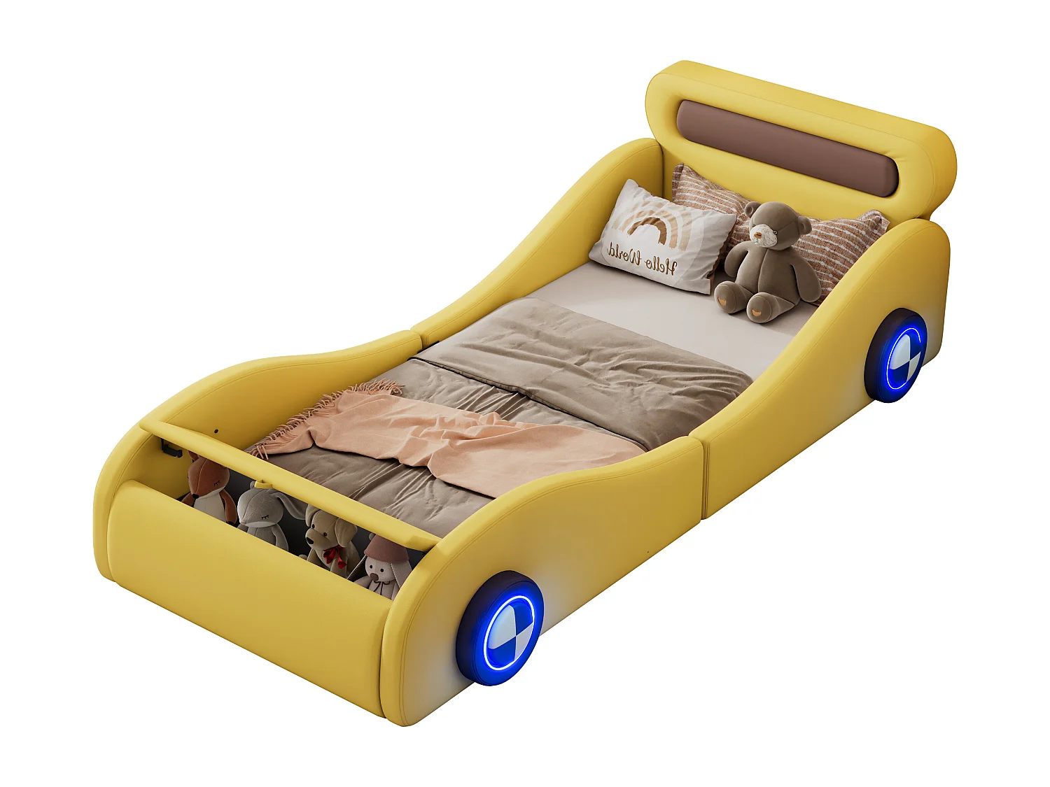 Lit voiture enfant 90x200 cm jaune en PU avec roues lumineuses et rangement intégré, sans matelas, design ludique