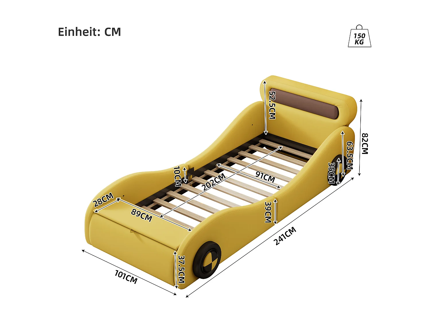 Lit voiture enfant 90x200 cm jaune en PU avec roues lumineuses et rangement intégré, sans matelas, design ludique