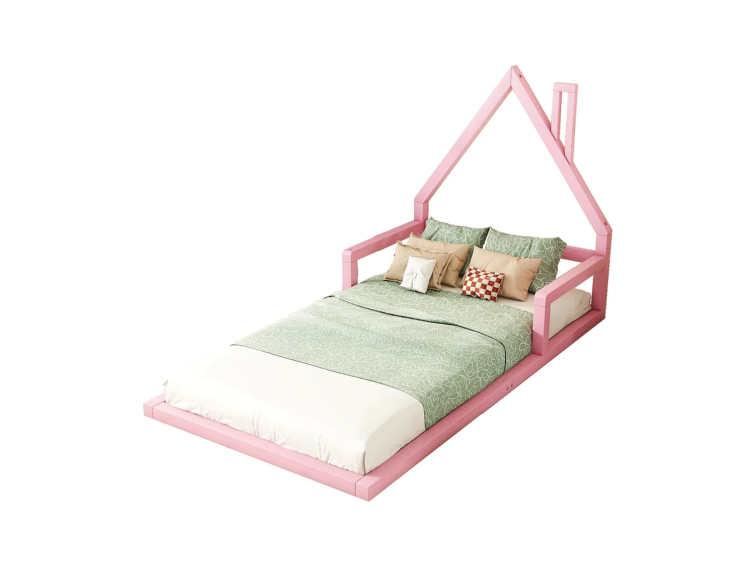 Lit cabane enfant 90x200 cm rose en pin massif, forme de maison, design simple et chaleureux pour chambre fille