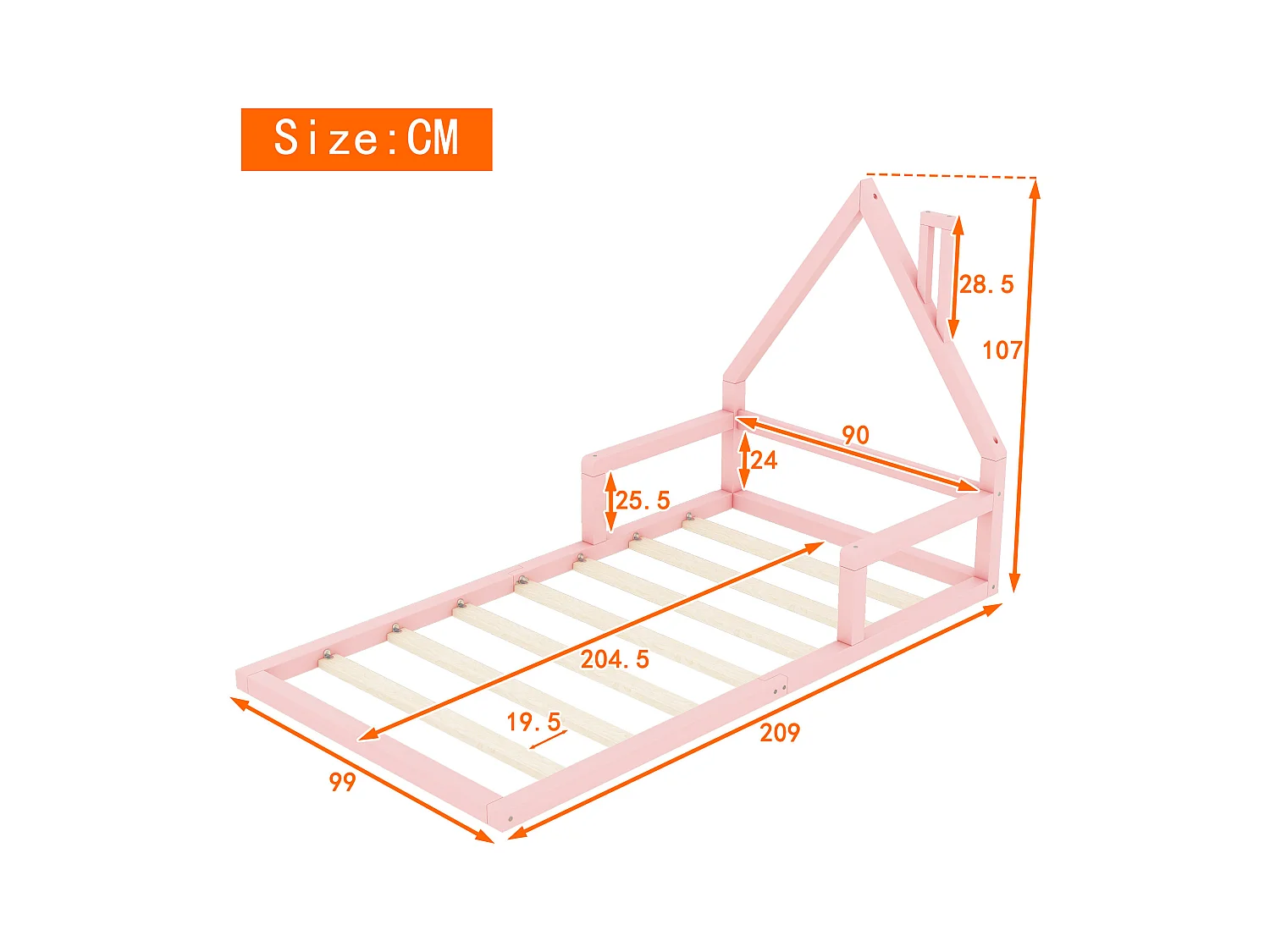 Lit cabane enfant 90x200 cm rose en pin massif, forme de maison, design simple et chaleureux pour chambre fille