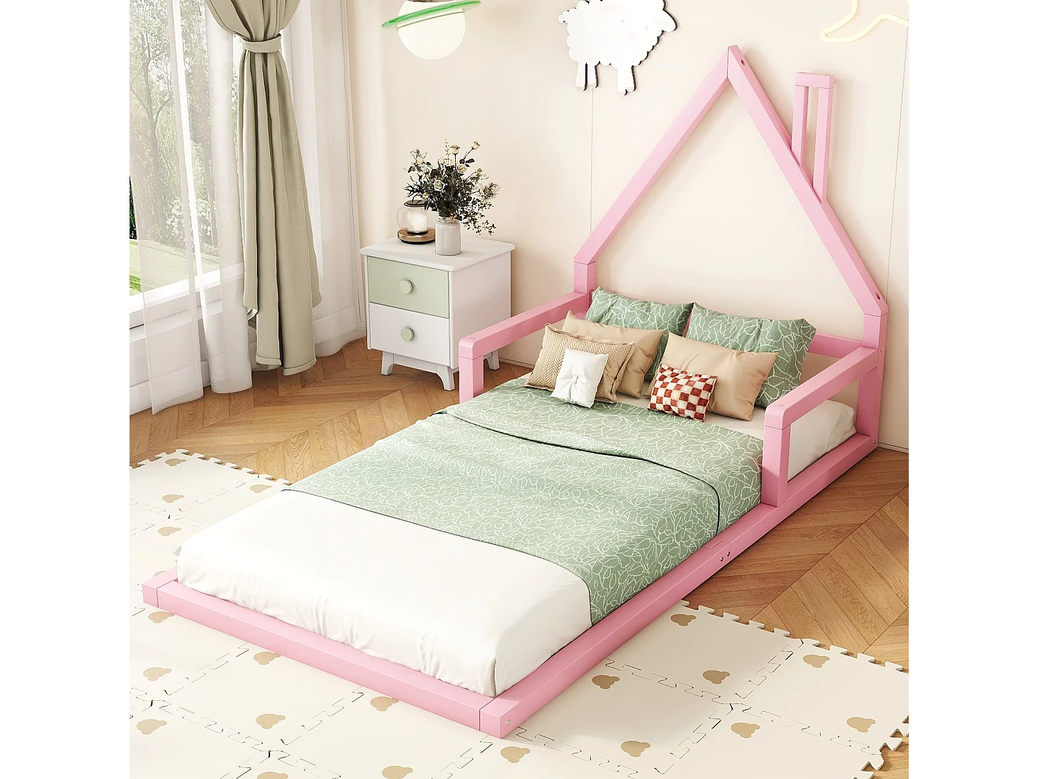 Lit cabane enfant 90x200 cm rose en pin massif, forme de maison, design simple et chaleureux pour chambre fille