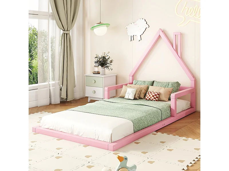 Lit cabane enfant 90x200 cm rose en pin massif, forme de maison, design simple et chaleureux pour chambre fille