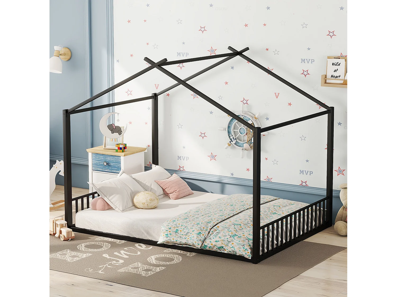 Lit maison 140x200 cm noir en métal, style enfant, structure solide avec barres décoratives, sans matelas