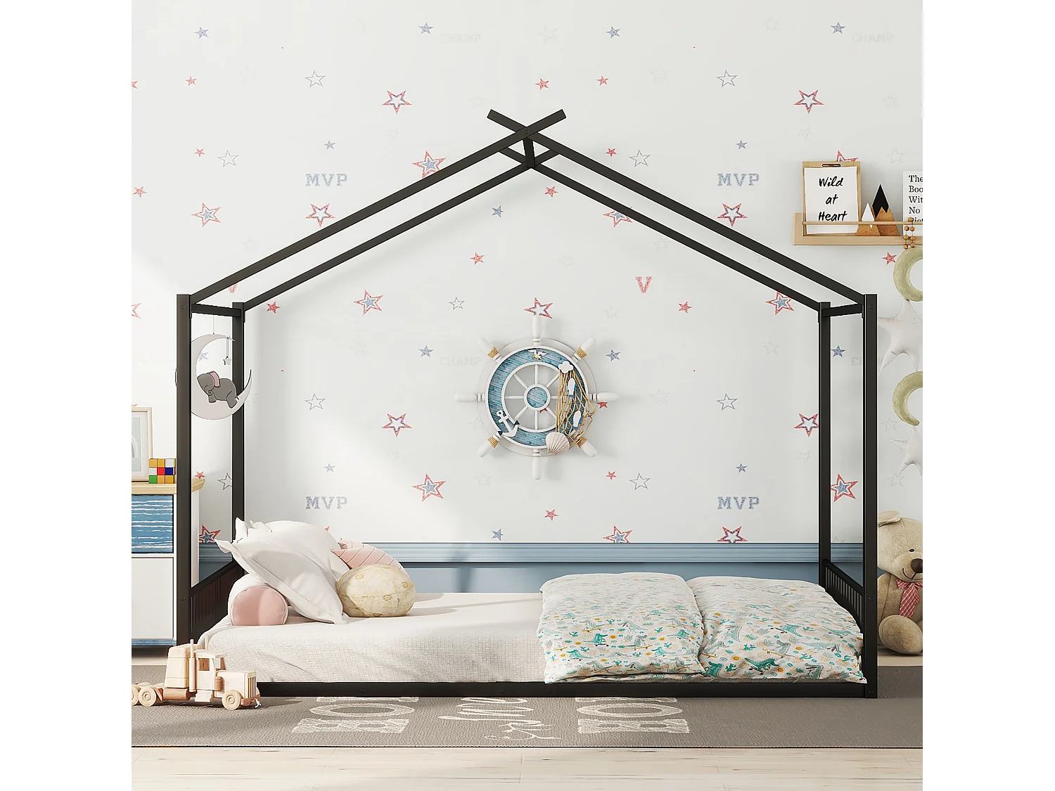 Lit maison 140x200 cm noir en métal, style enfant, structure solide avec barres décoratives, sans matelas