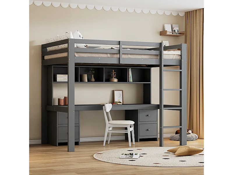 Lit mezzanine 90x200 cm gris avec bureau intégré, escalier solide, rangements pratiques et barrière de sécurité