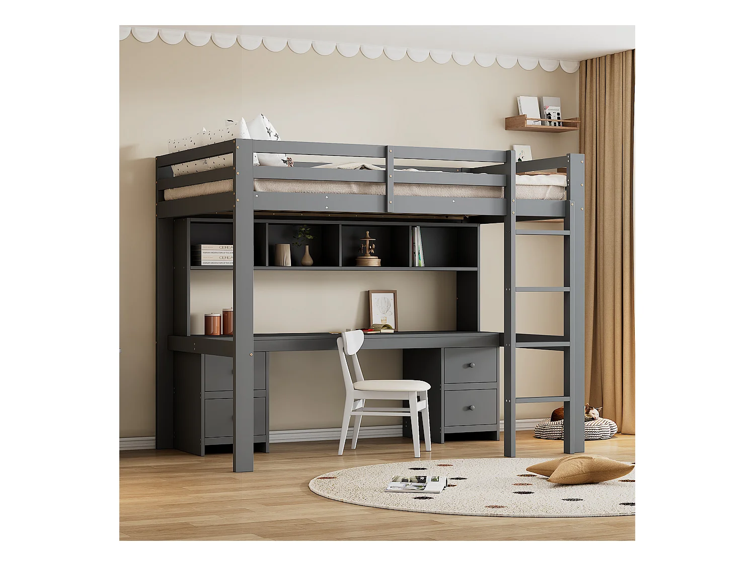 Lit mezzanine 90x200 cm gris avec bureau intégré, escalier solide, rangements pratiques et barrière de sécurité