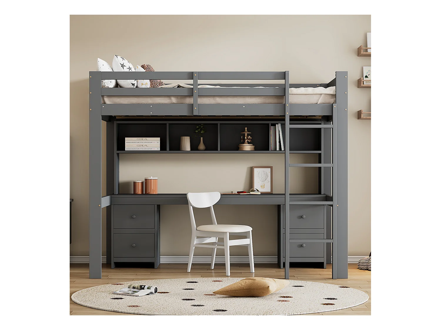 Lit mezzanine 90x200 cm gris avec bureau intégré, escalier solide, rangements pratiques et barrière de sécurité