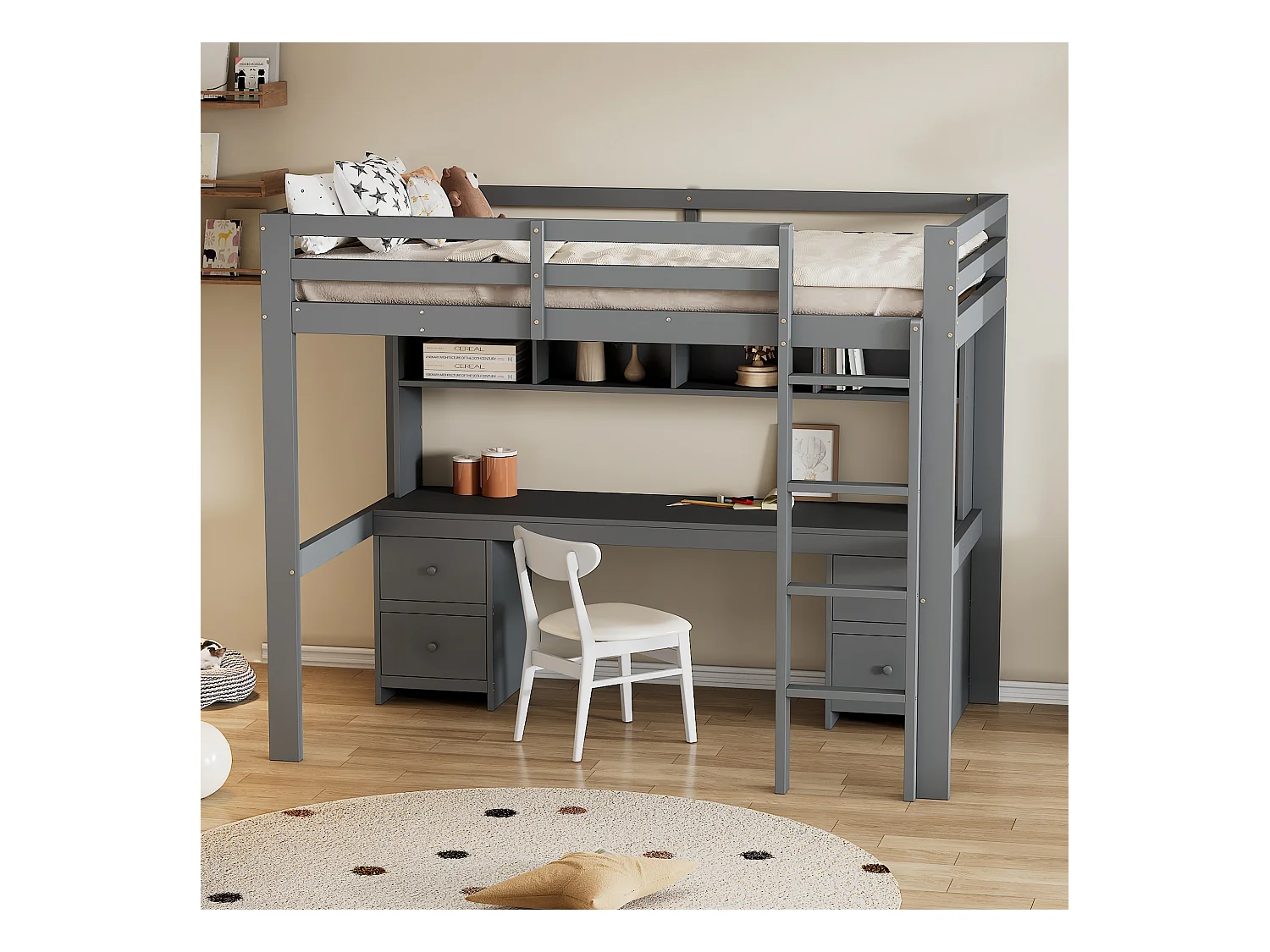 Lit mezzanine 90x200 cm gris avec bureau intégré, escalier solide, rangements pratiques et barrière de sécurité