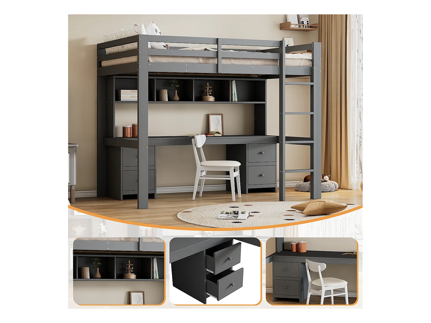 Lit mezzanine 90x200 cm gris avec bureau intégré, escalier solide, rangements pratiques et barrière de sécurité