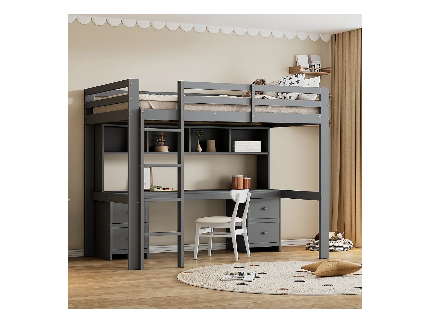 Lit mezzanine 90x200 cm gris avec bureau intégré, escalier solide, rangements pratiques et barrière de sécurité