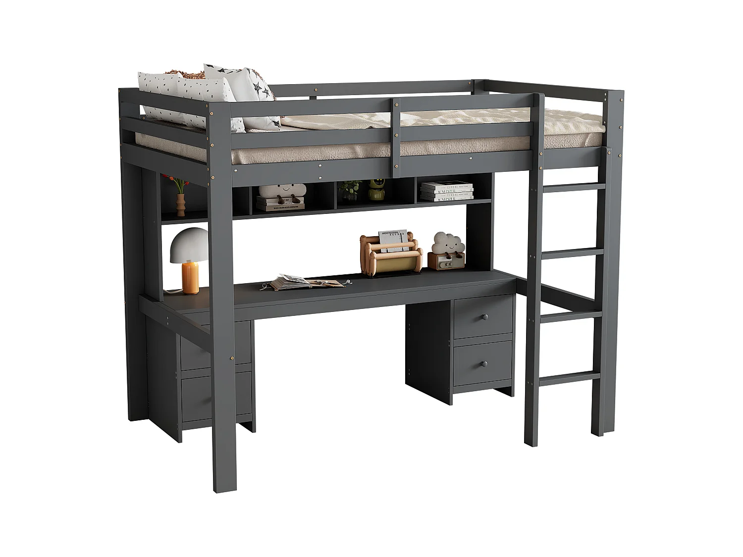 Lit mezzanine 90x200 cm gris avec bureau intégré, escalier solide, rangements pratiques et barrière de sécurité