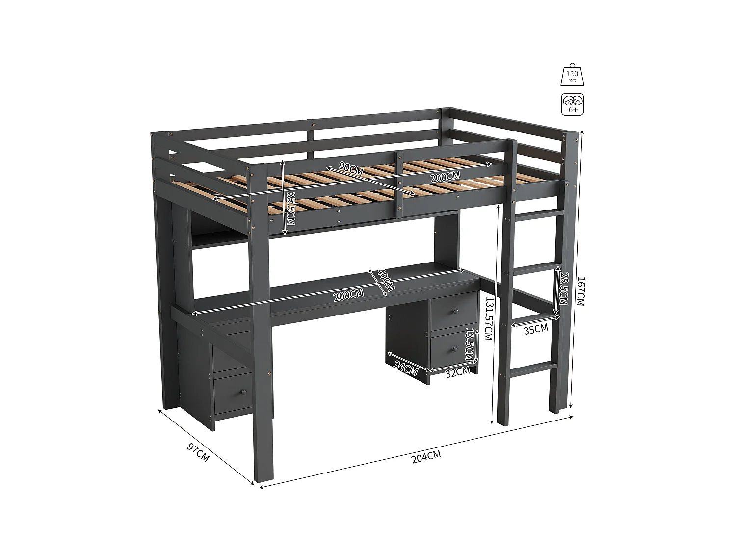 Lit mezzanine 90x200 cm gris avec bureau intégré, escalier solide, rangements pratiques et barrière de sécurité