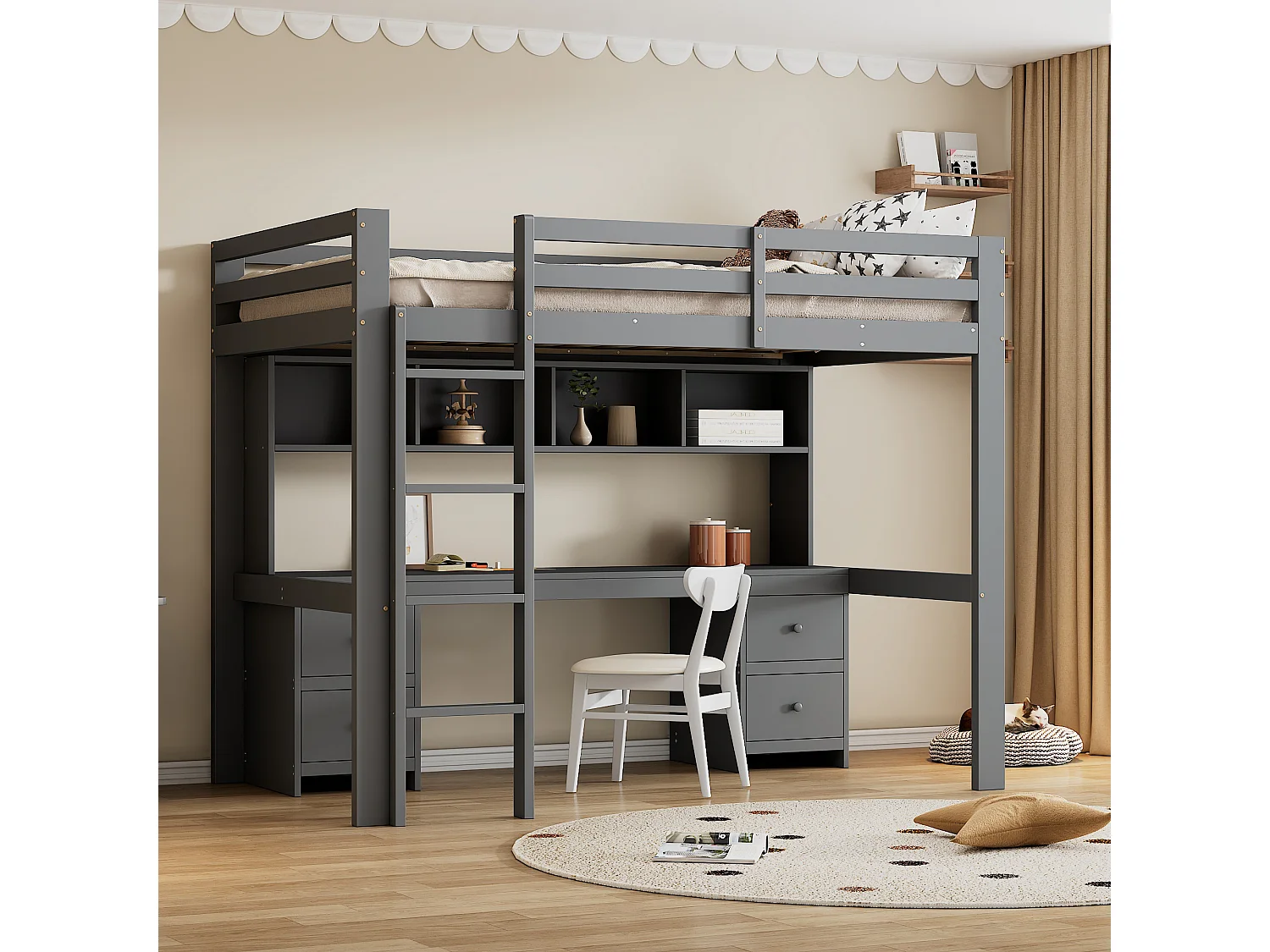 Lit mezzanine 90x200 cm gris avec bureau intégré, escalier solide, rangements pratiques et barrière de sécurité