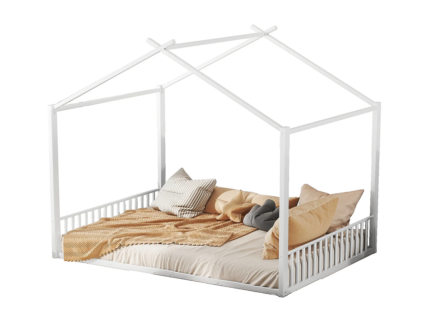 Lit maison 140x200 cm blanc en métal, lit enfant sans matelas, design simple et cadre robuste