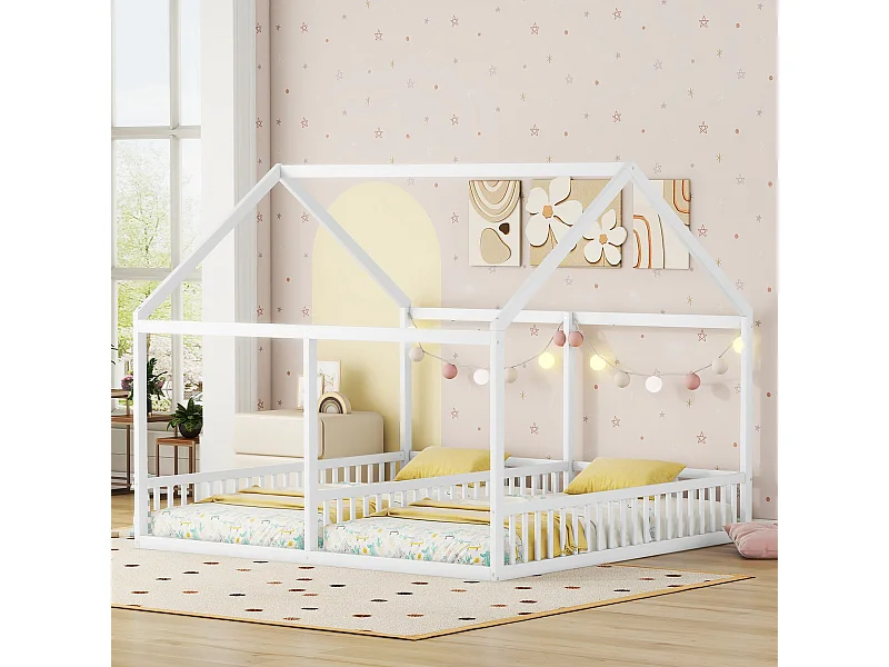 Lit cabane 90x200 cm blanc 2-en-1, convertible, design maison moderne, idéal pour chambre enfant ou ado