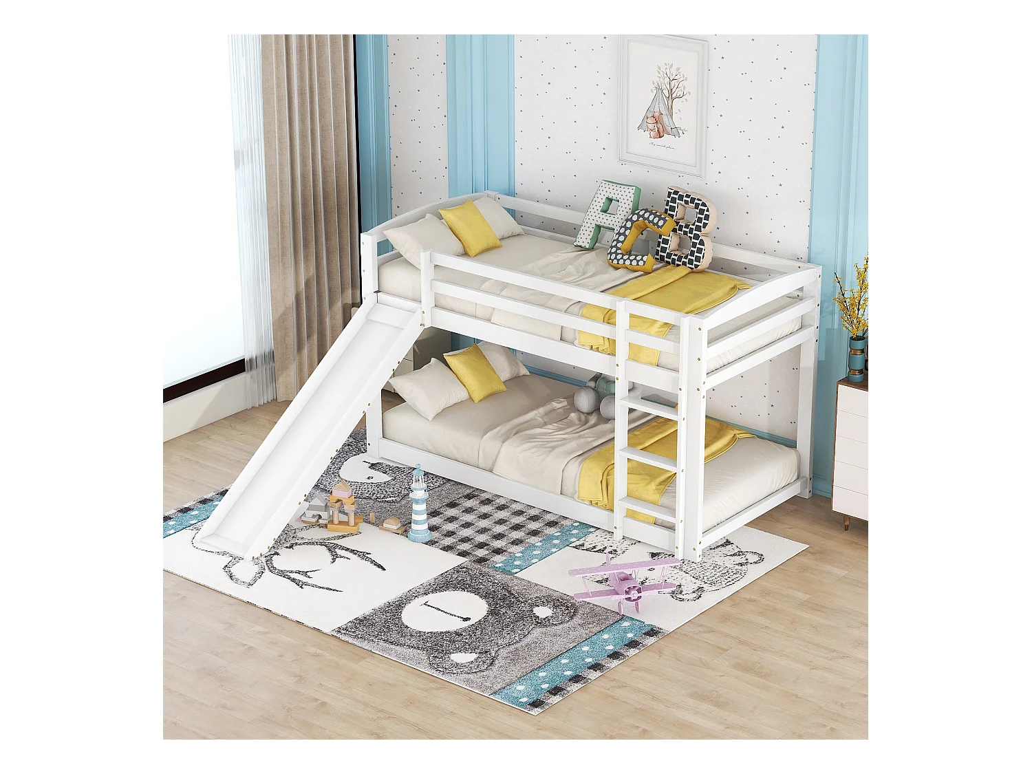 Lit superposé enfant 90x200 cm blanc avec toboggan, cadre en bois massif, montage facile et design ludique