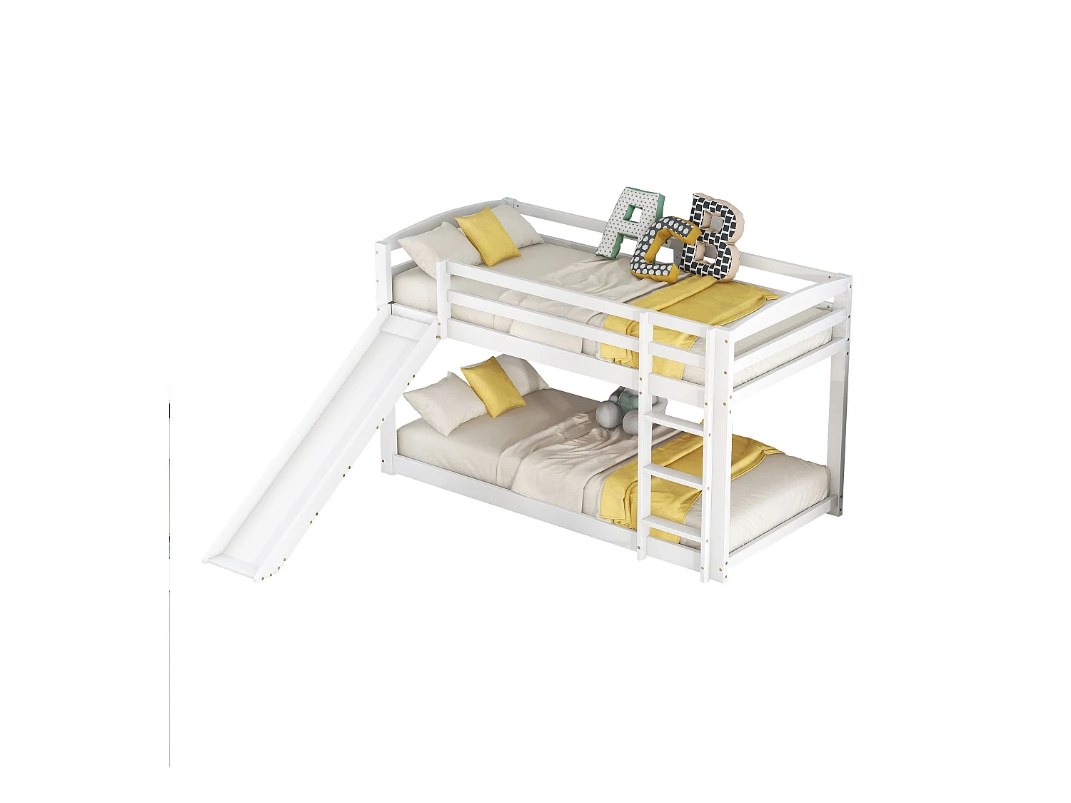 Lit superposé enfant 90x200 cm blanc avec toboggan, cadre en bois massif, montage facile et design ludique