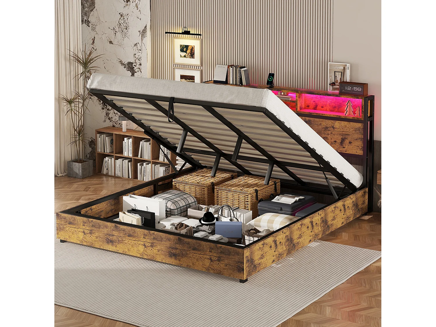 Lit double 180x200 cm, lit plat avec mécanisme hydraulique, LED multicolore, télécommande 24 touches, grand rangement, Marron