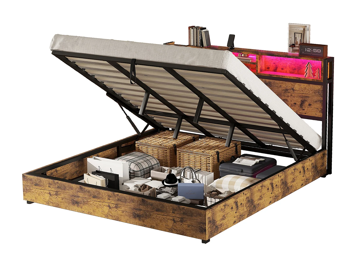 Lit double 180x200 cm, lit plat avec mécanisme hydraulique, LED multicolore, télécommande 24 touches, grand rangement, Marron