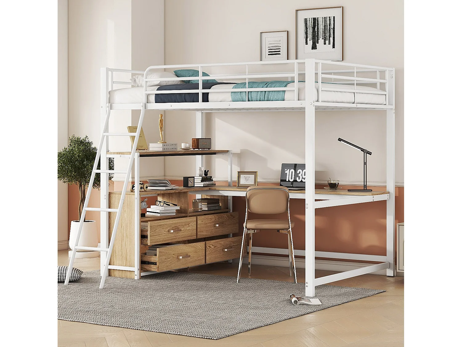 Lit mezzanine 140x200 cm, cadre métal, tiroirs pratiques, bureau L design, laminé, sans matelas, Blanc