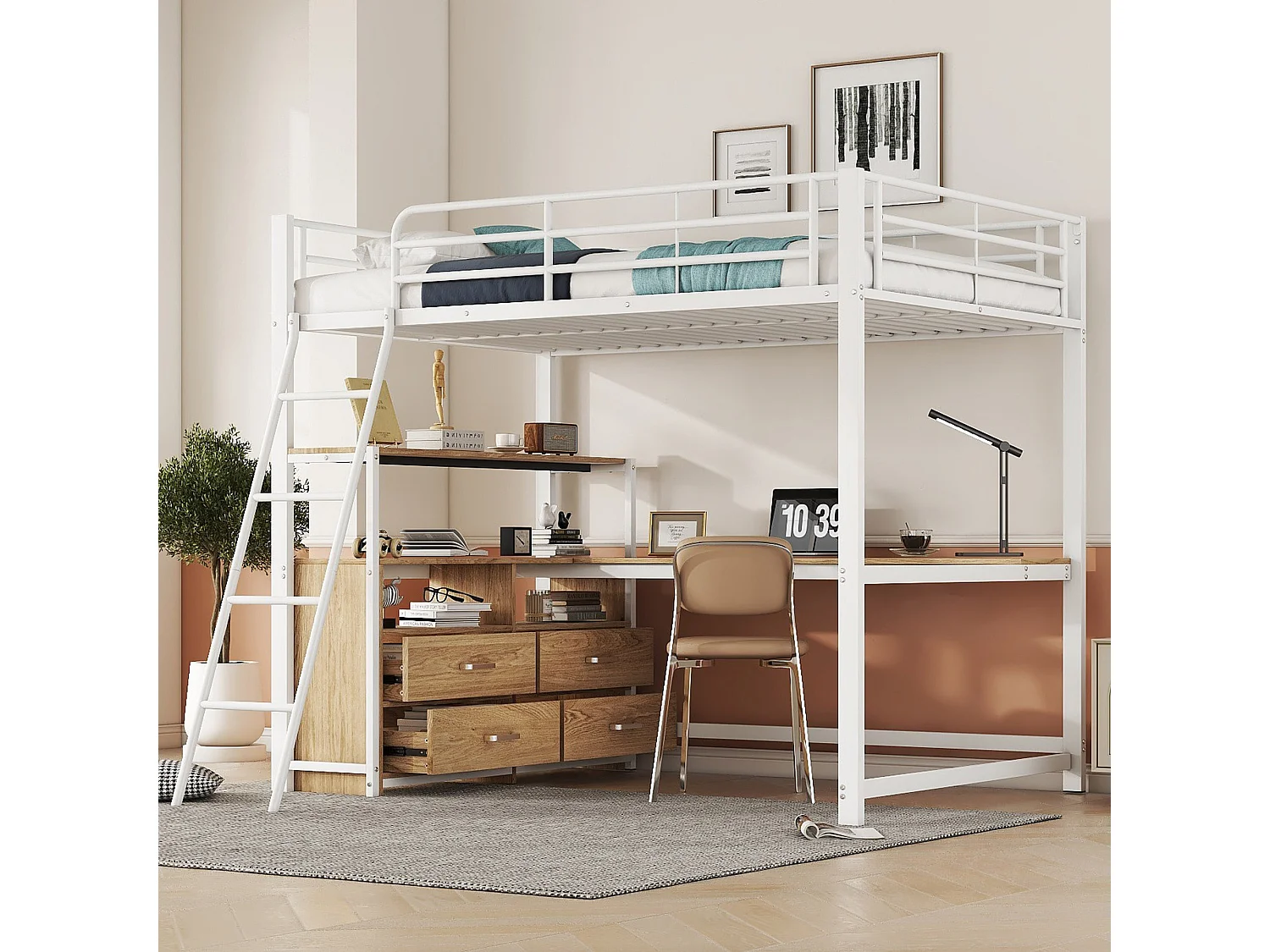 Lit mezzanine 140x200 cm, cadre métal, tiroirs pratiques, bureau L design, laminé, sans matelas, Blanc