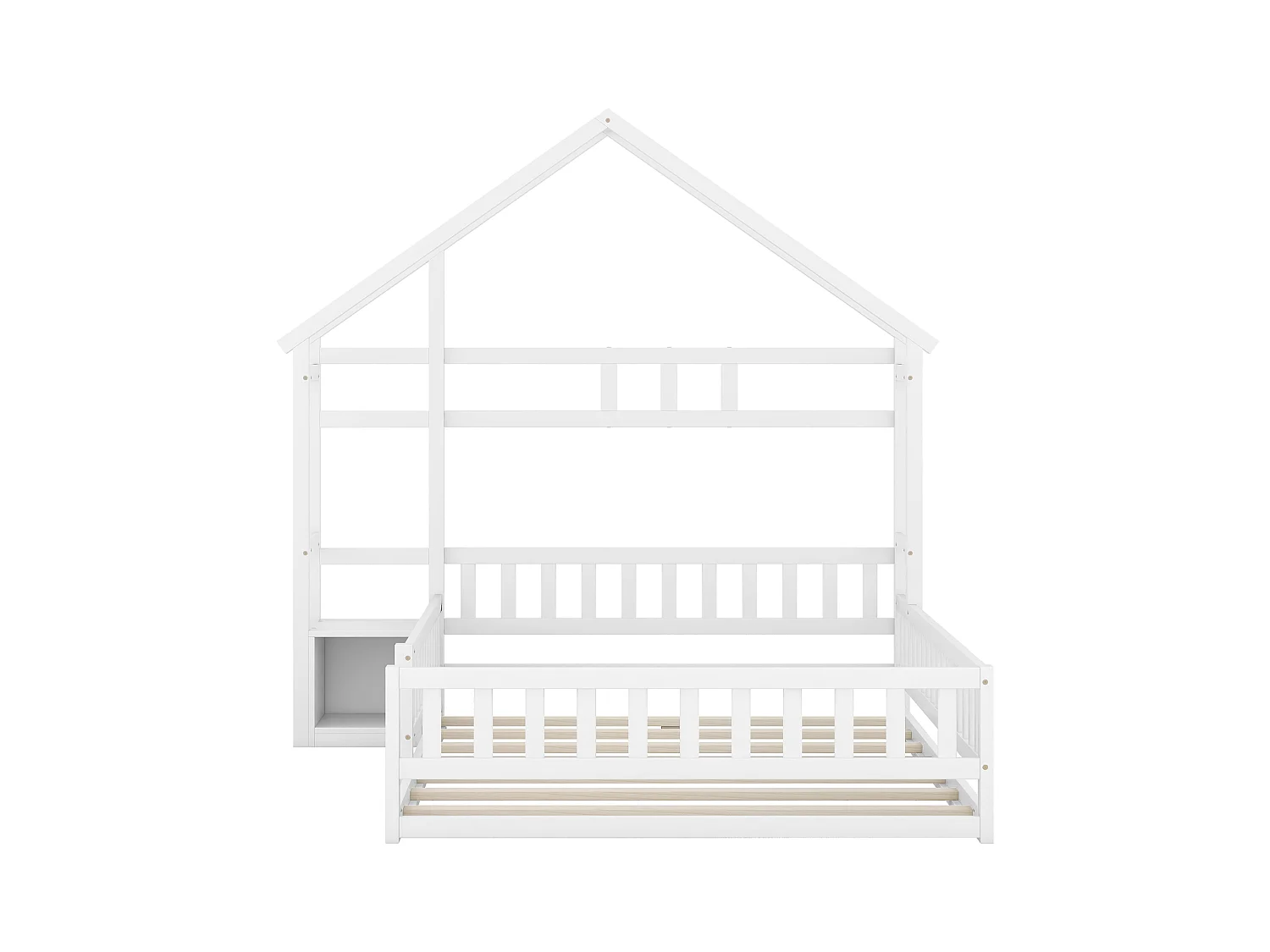 Lit simple 140x200 cm pour enfant, lit en forme de maison avec barrières et table de chevet, Blanc