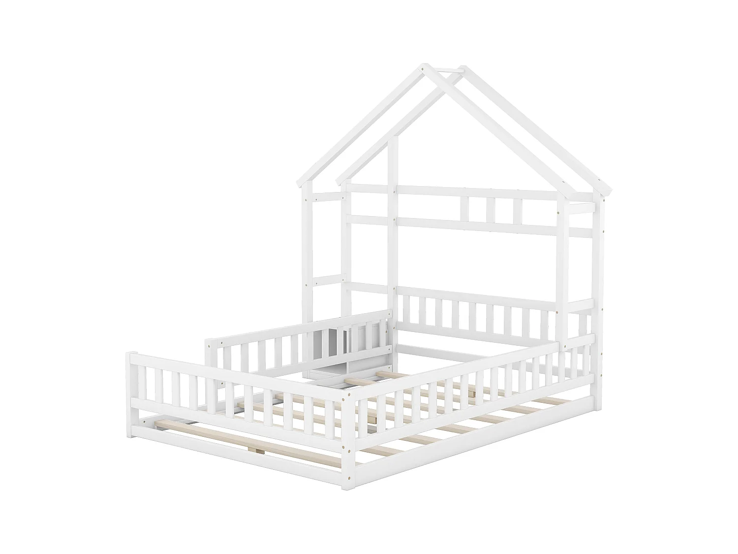 Lit simple 140x200 cm pour enfant, lit en forme de maison avec barrières et table de chevet, Blanc