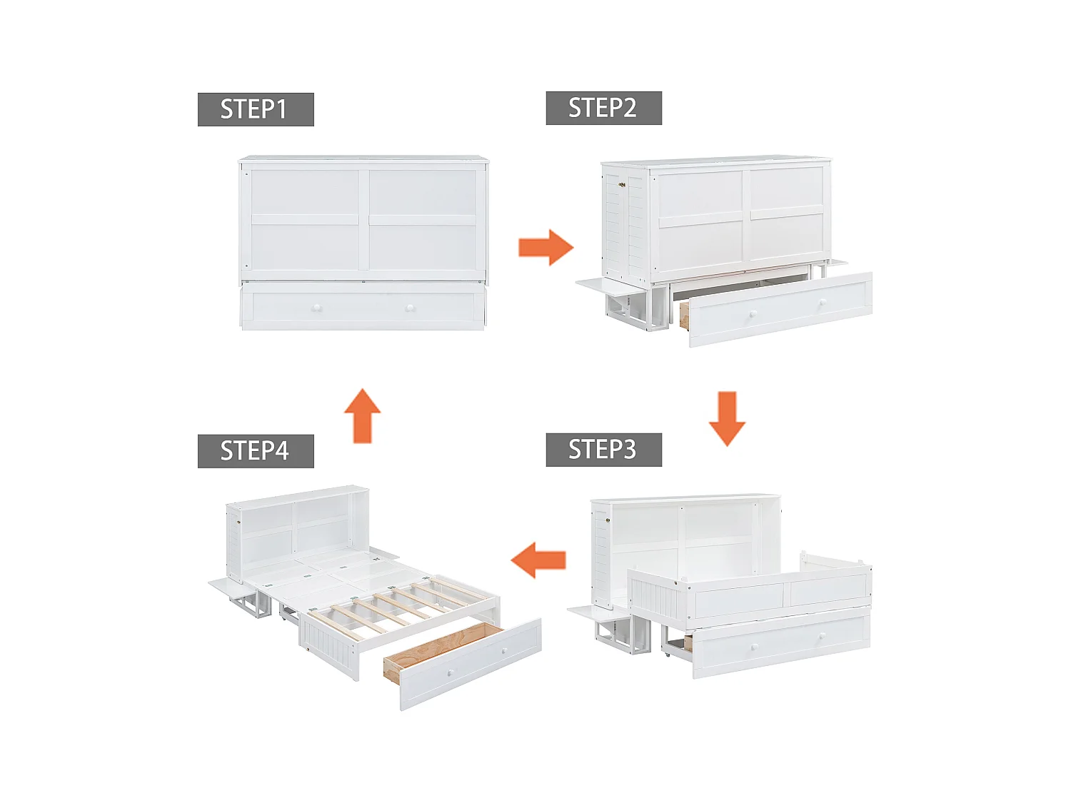 Lit escamotable 140x200 cm avec tiroirs et petit rangement latéral, lit transformable, Blanc