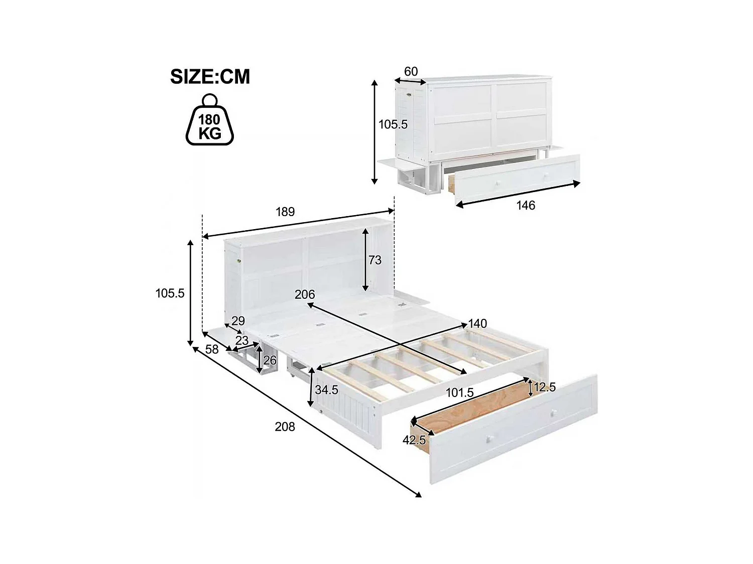 Lit escamotable 140x200 cm avec tiroirs et petit rangement latéral, lit transformable, Blanc
