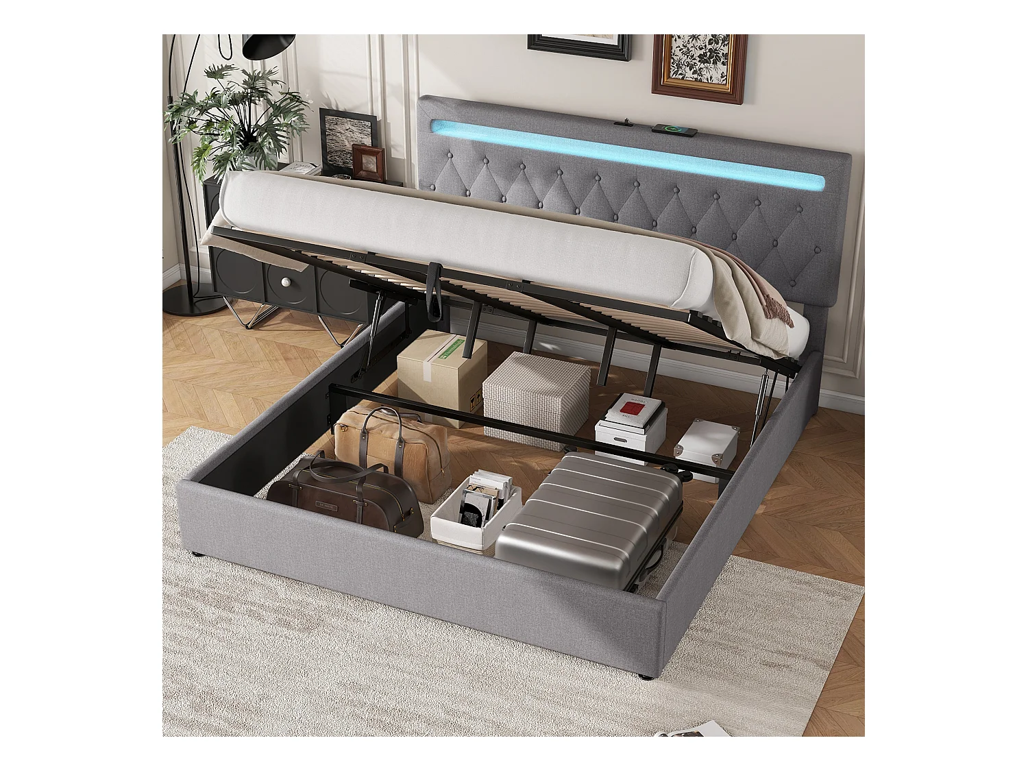 Lit plat 180x200 cm, structure rembourrée, hydraulique, éclairage LED changeant, télécommande, prise USB, grand rangement, Gris
