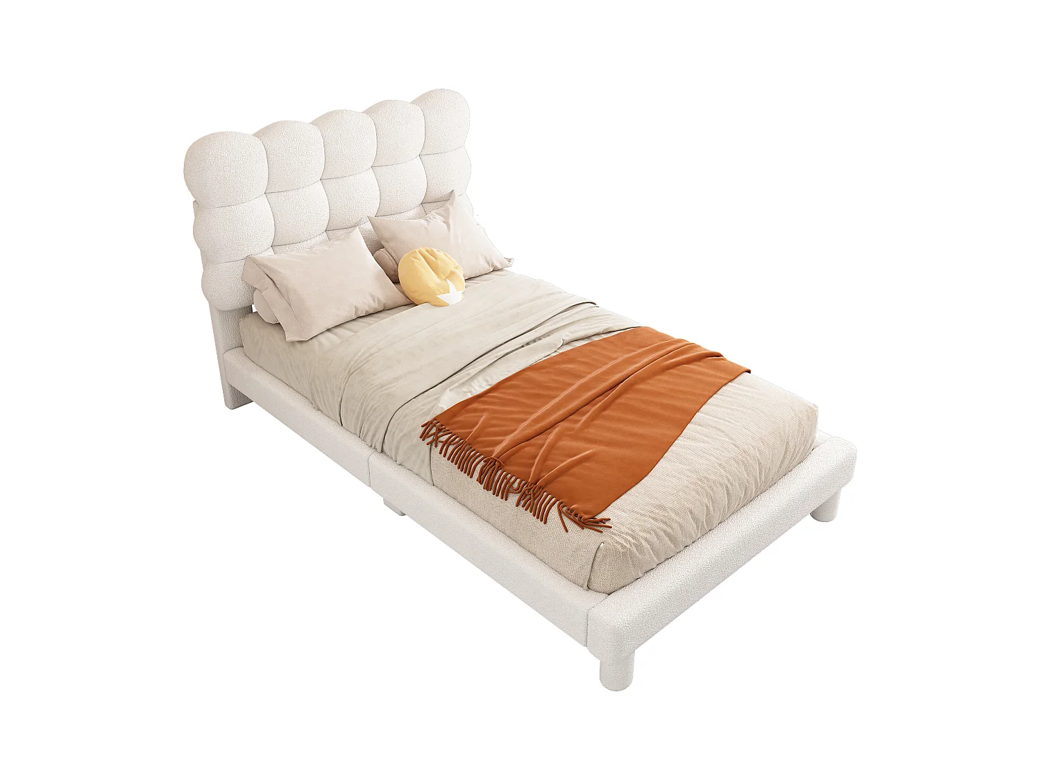 Lit rembourré 90x200 cm blanc avec tête de lit réglable triple, revêtement doux rose, design simple et confortable