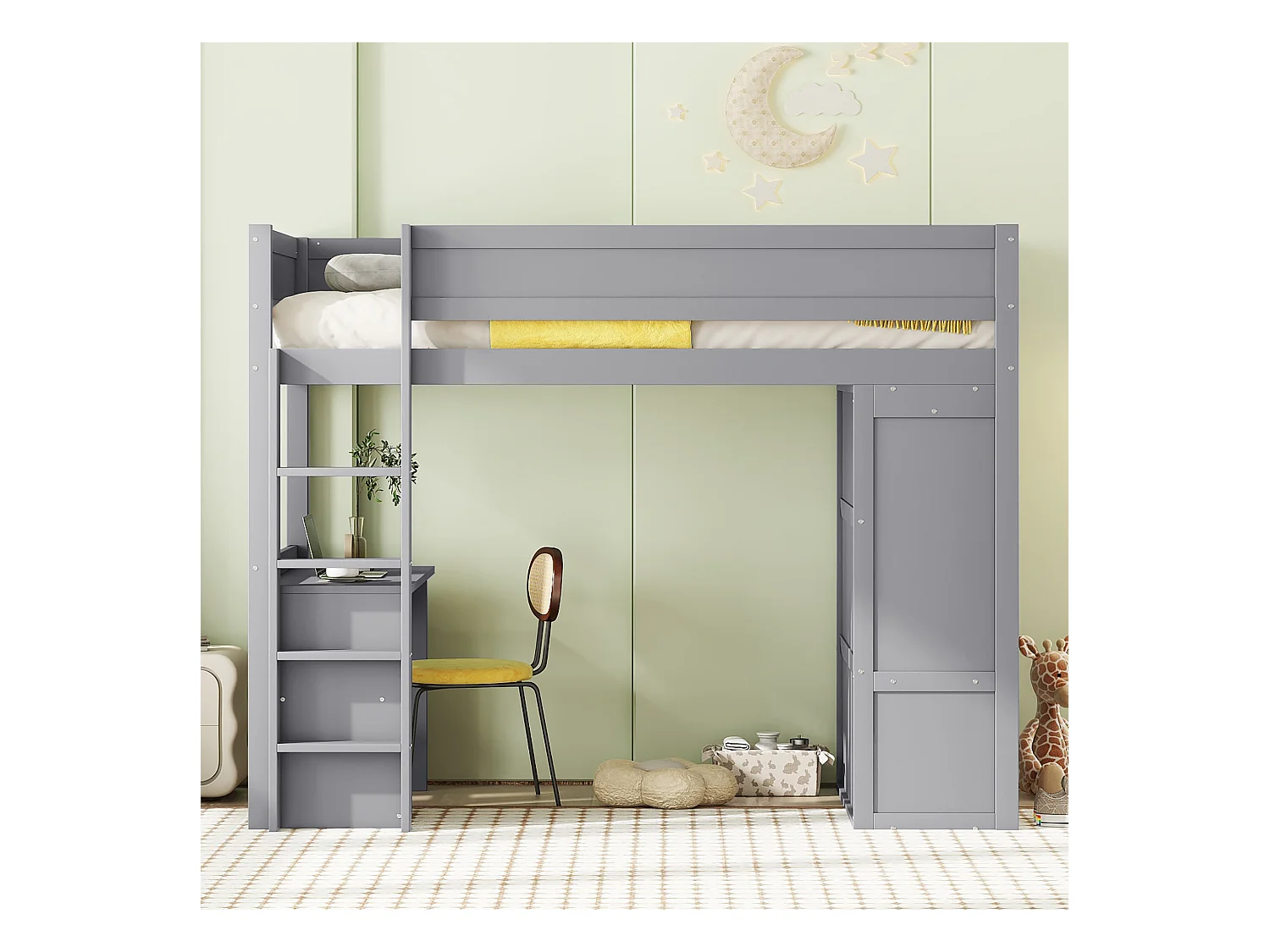 Lit mezzanine 90x200 cm pour enfant, polyvalent avec armoire, bureau et tiroirs intégrés, design pratique, Gris