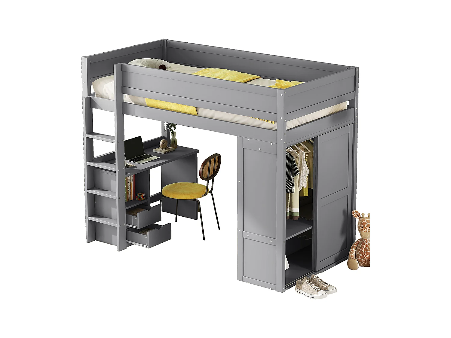Lit mezzanine 90x200 cm pour enfant, polyvalent avec armoire, bureau et tiroirs intégrés, design pratique, Gris