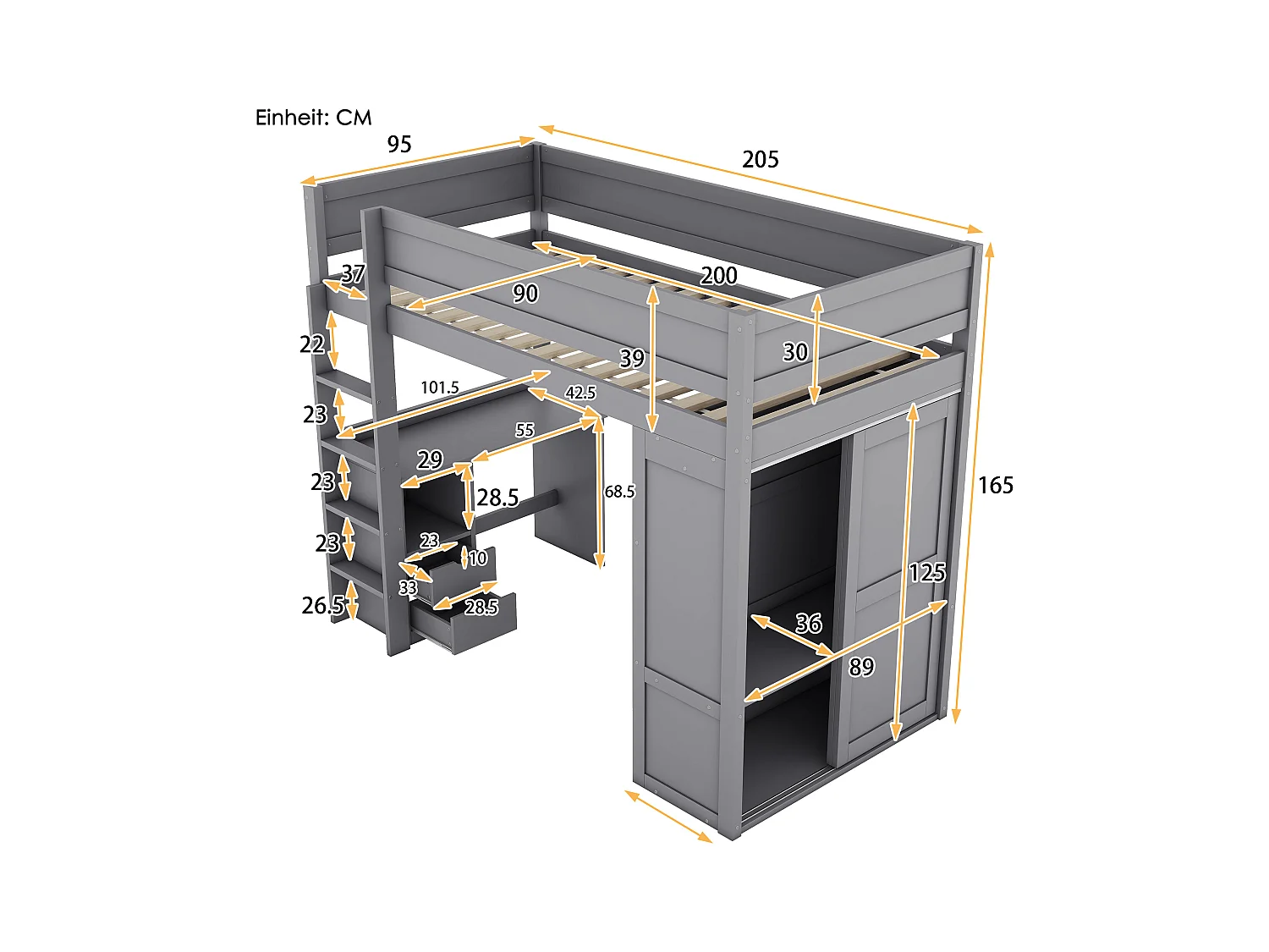Lit mezzanine 90x200 cm pour enfant, polyvalent avec armoire, bureau et tiroirs intégrés, design pratique, Gris