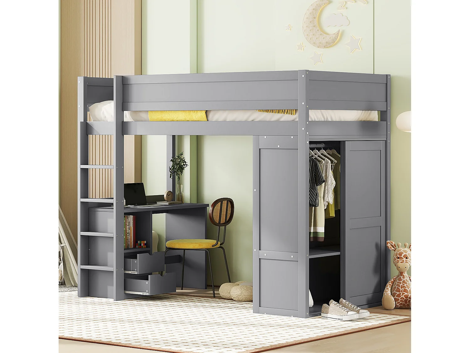 Lit mezzanine 90x200 cm pour enfant, polyvalent avec armoire, bureau et tiroirs intégrés, design pratique, Gris