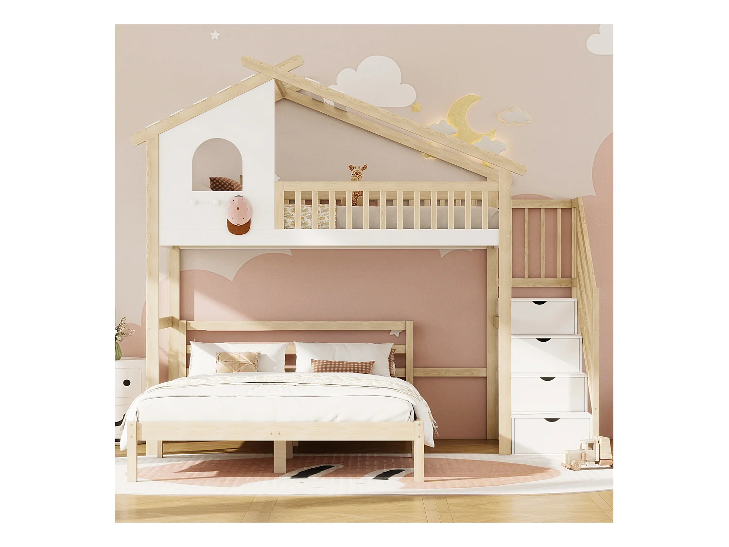 Lit mezzanine 90x200 cm blanc et naturel avec garde-corps, échelle de rangement, fenêtre décorative, lit inférieur 140x200 cm