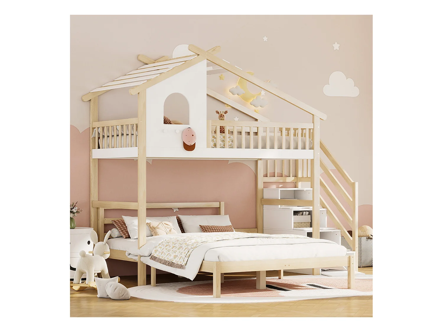 Lit mezzanine 90x200 cm blanc et naturel avec garde-corps, échelle de rangement, fenêtre décorative, lit inférieur 140x200 cm