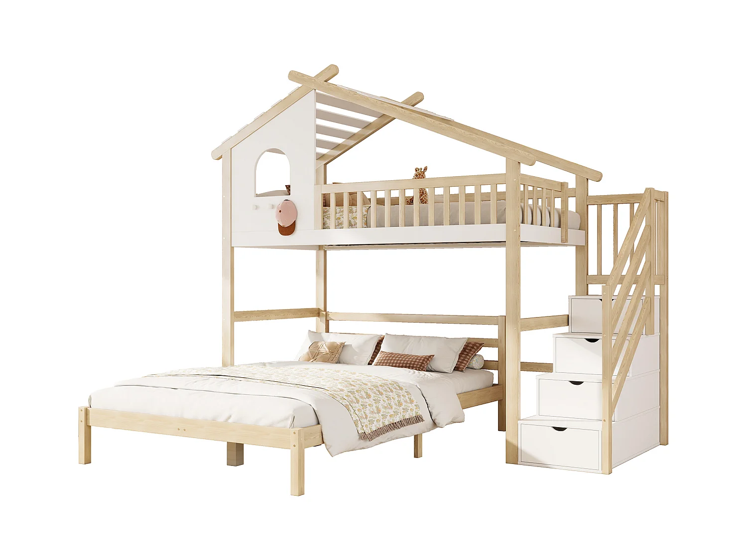 Lit mezzanine 90x200 cm blanc et naturel avec garde-corps, échelle de rangement, fenêtre décorative, lit inférieur 140x200 cm