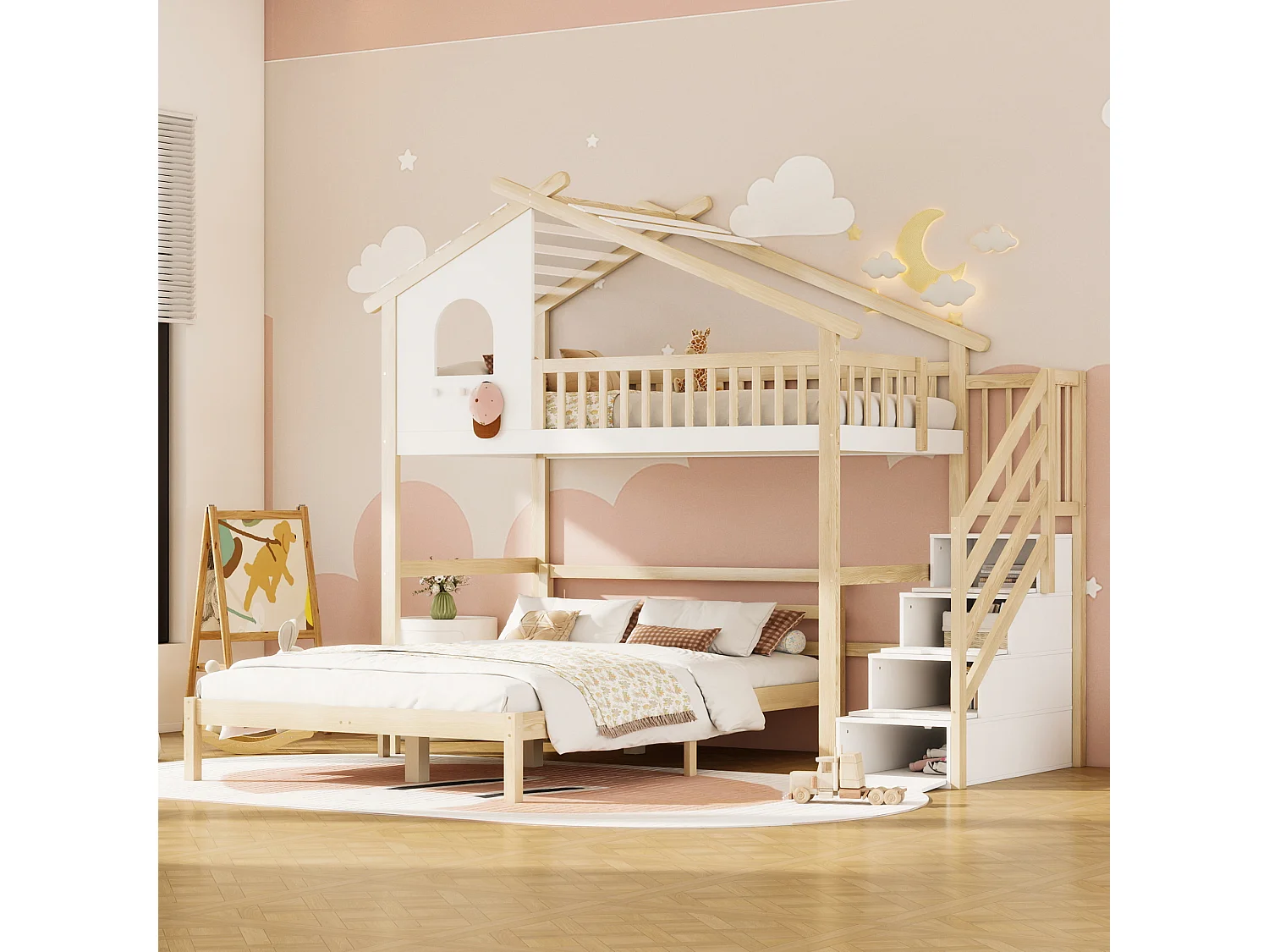 Lit mezzanine 90x200 cm blanc et naturel avec garde-corps, échelle de rangement, fenêtre décorative, lit inférieur 140x200 cm