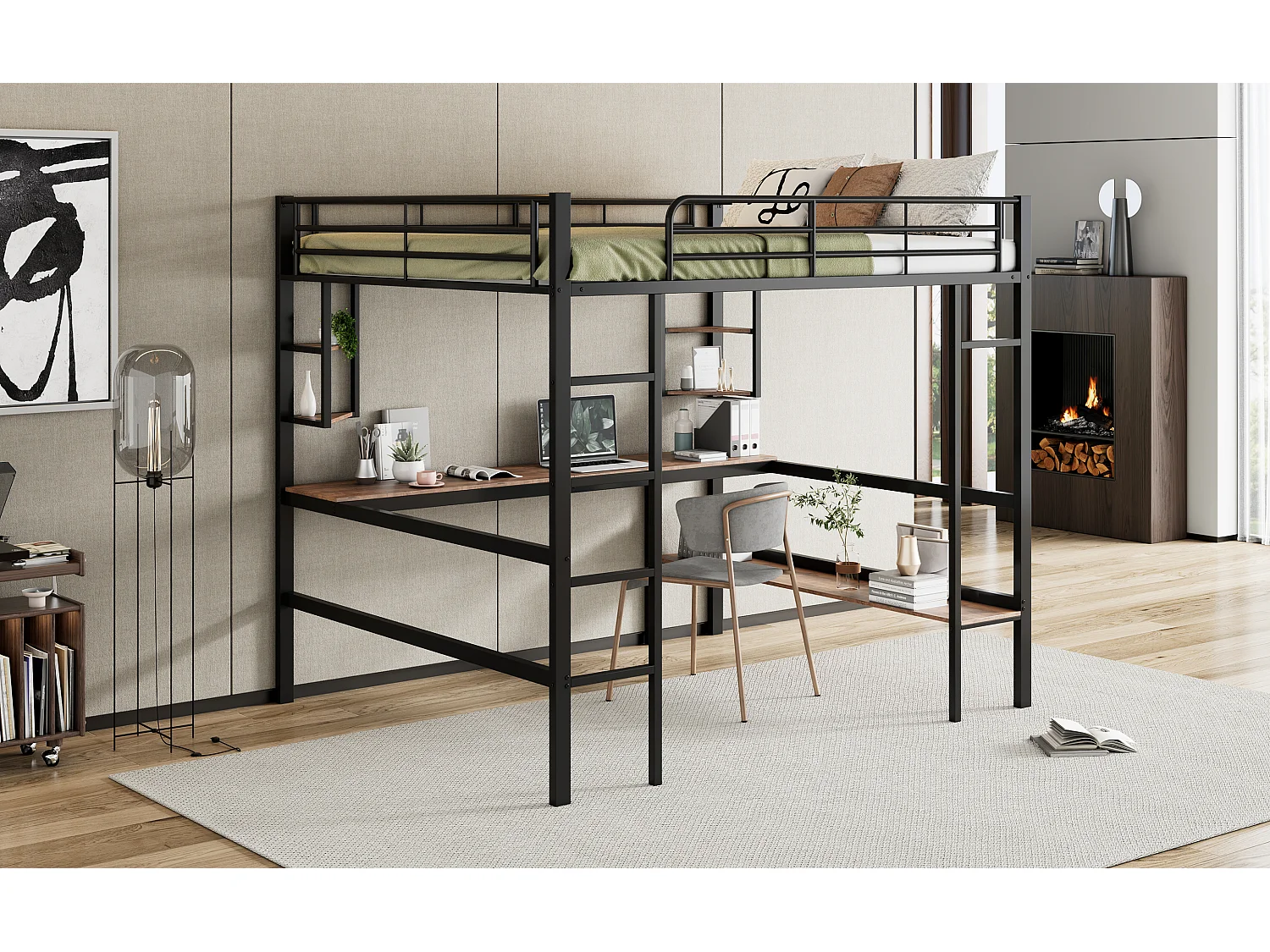 Lit mezzanine 140x200 cm noir en métal avec bureau, 5 étagères, structure solide, sans matelas, usage familial