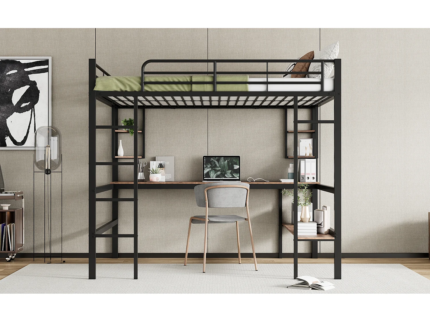 Lit mezzanine 140x200 cm noir en métal avec bureau, 5 étagères, structure solide, sans matelas, usage familial