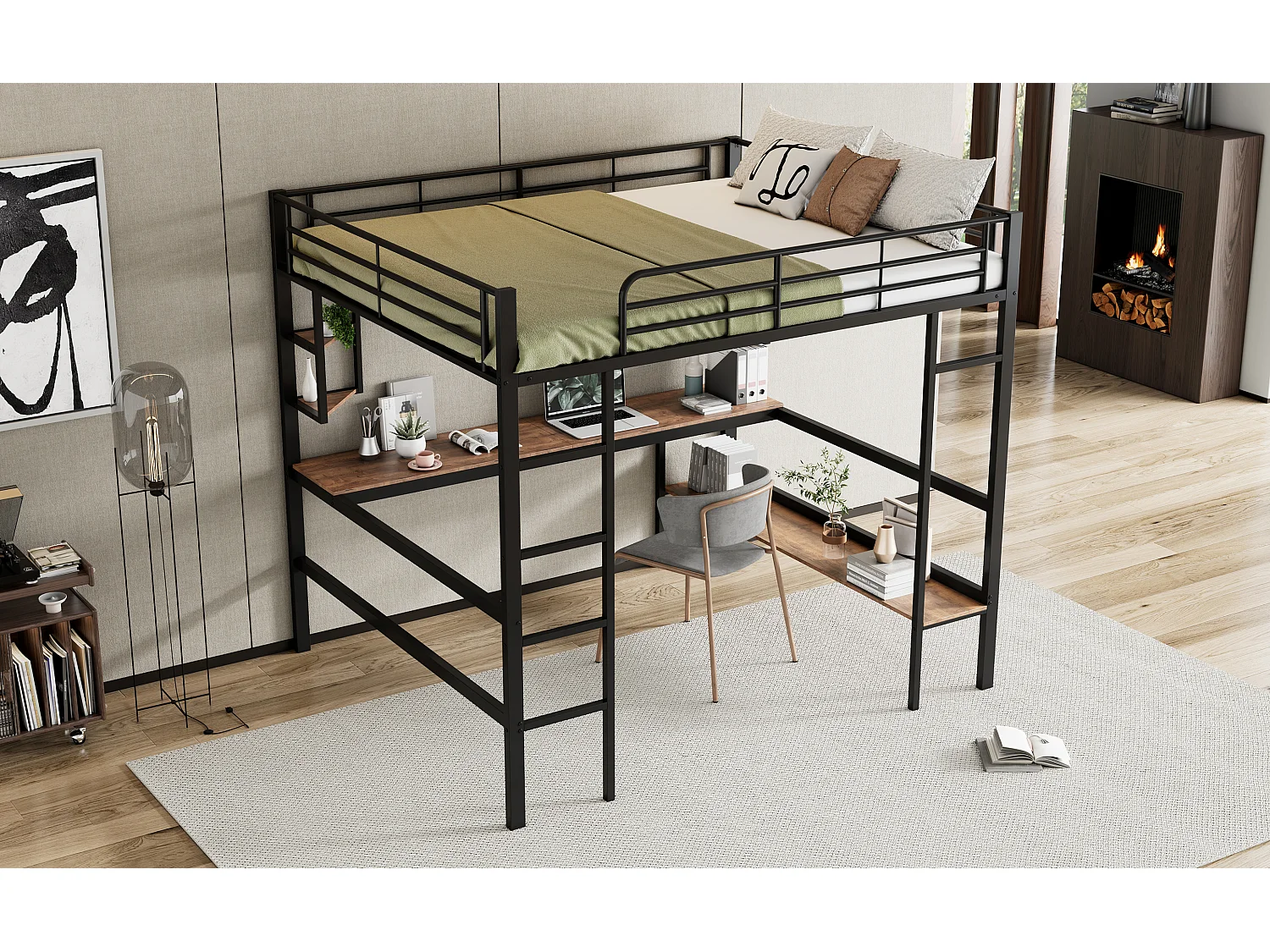 Lit mezzanine 140x200 cm noir en métal avec bureau, 5 étagères, structure solide, sans matelas, usage familial