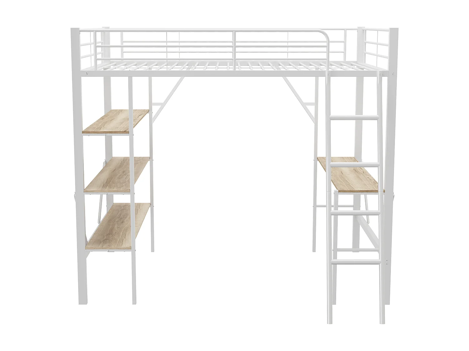 Lit mezzanine 90x200 cm blanc en métal avec bureau intégré et trois étagères, idéal enfants et adolescents