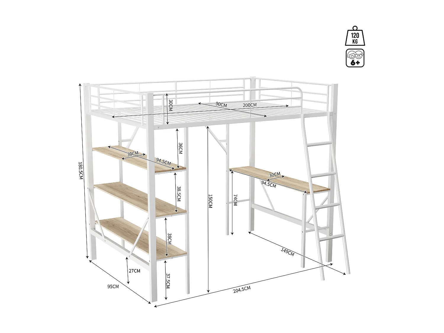 Lit mezzanine 90x200 cm blanc en métal avec bureau intégré et trois étagères, idéal enfants et adolescents