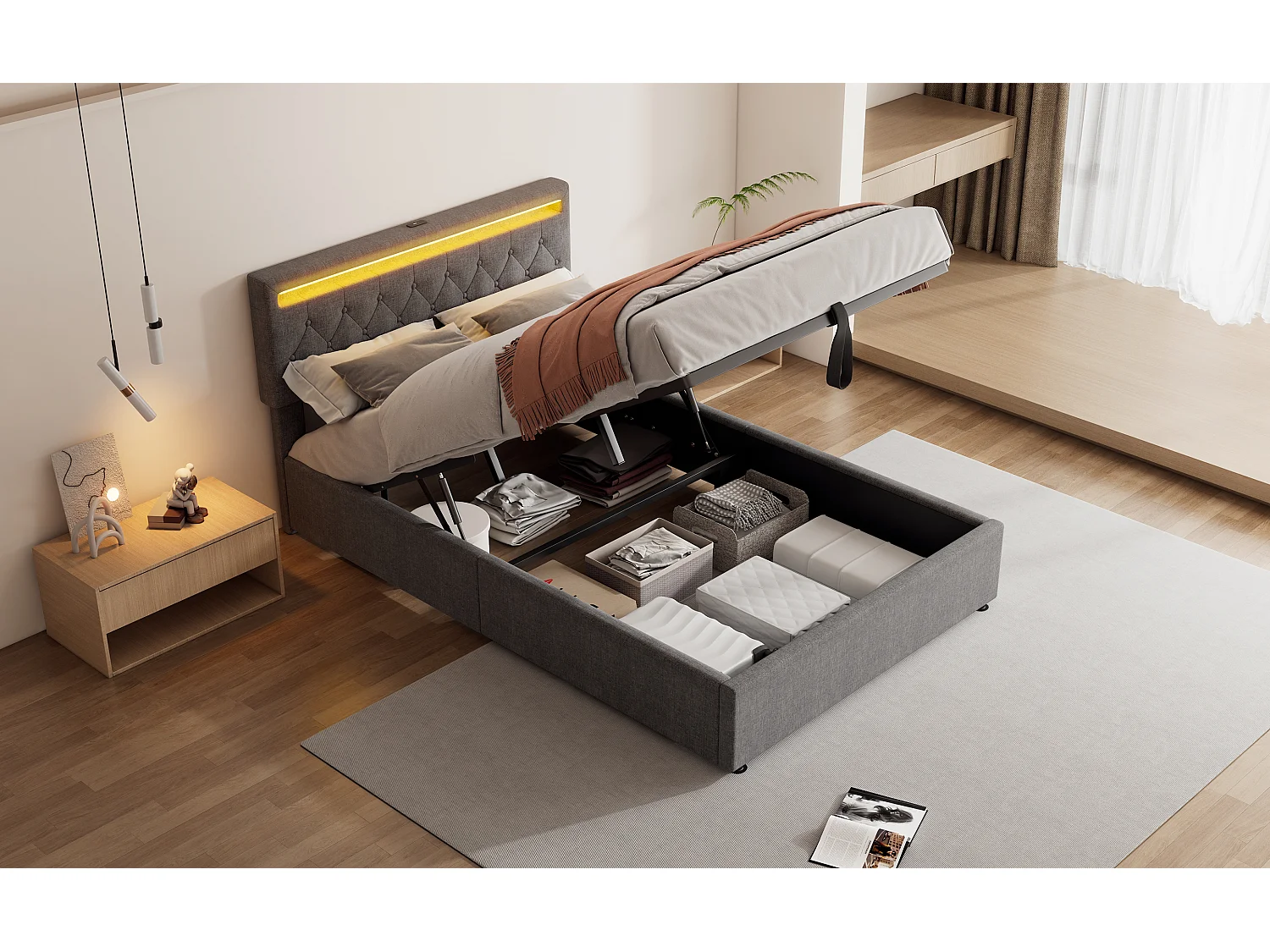 Lit plat 140x200 cm, structure rembourrée, éclairage LED, télécommande 24 touches, relevable, prises USB et Type-C, grand rangement, Gris